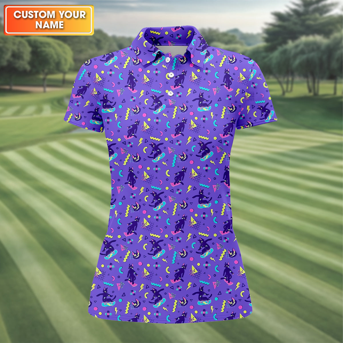 SK8R CAT Patterned Golf Polos, Fun Womens Golf Shirts, Ladies Sleeveless Golf Shirts, Ladies Golf Shirts