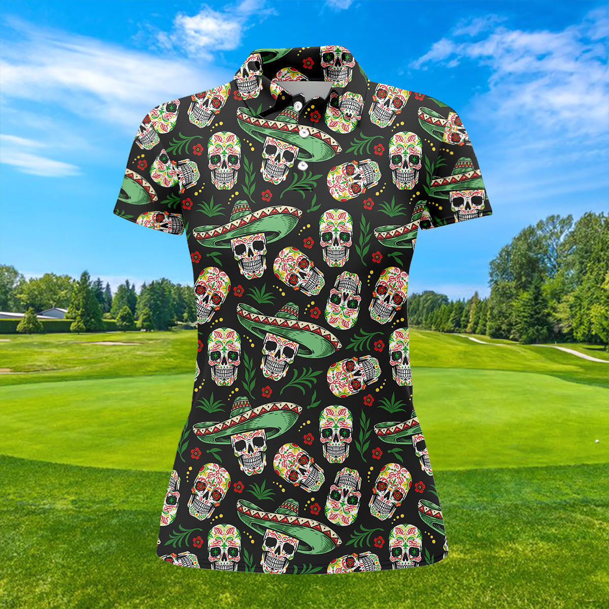 Skull Golf Shirt, Day Of The Dead Shirt, Mexican Floral Shirt, Women Sleeveless Polo, Ladies Golf Shirts