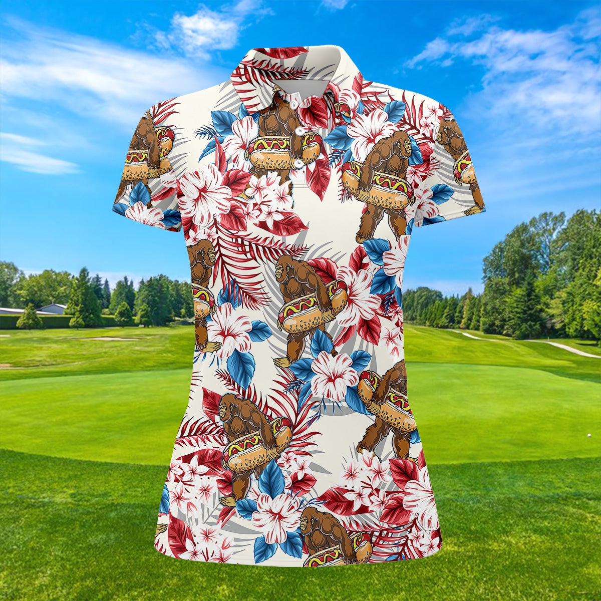 Bigfoot Hawaiian Shirts, Funny Hotdog Women Golf Top, Ladies Golf Shirts, Golfing Apparel