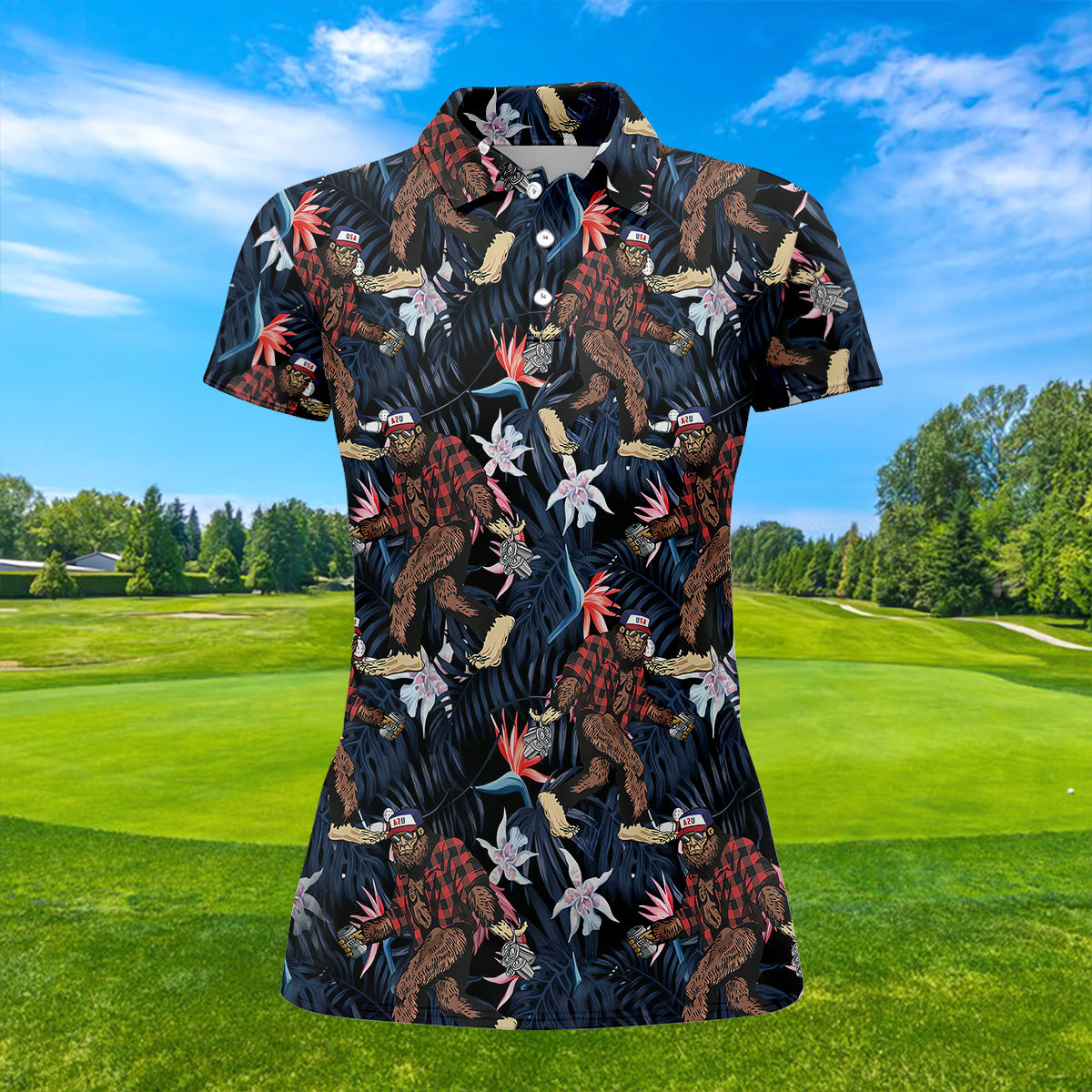 Abstract Floral Pattern Funny Bigfoot Shirt, Womens Sleeveless Polo, Ladies Golf Shirts