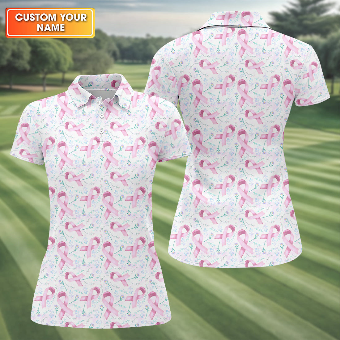 Pink Floral Breast Cancer Golf Shirt, Women's Long Sleeve Golf Shirts, Ladies Golf Shirts
