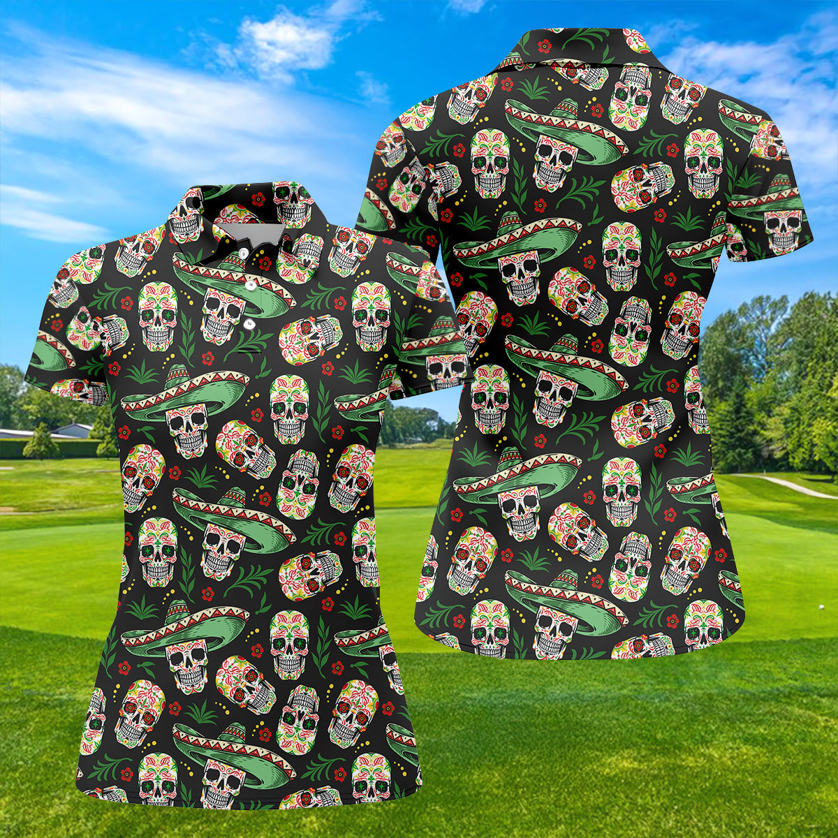 Skull Golf Shirt, Day Of The Dead Shirt, Mexican Floral Shirt, Women Sleeveless Polo, Ladies Golf Shirts