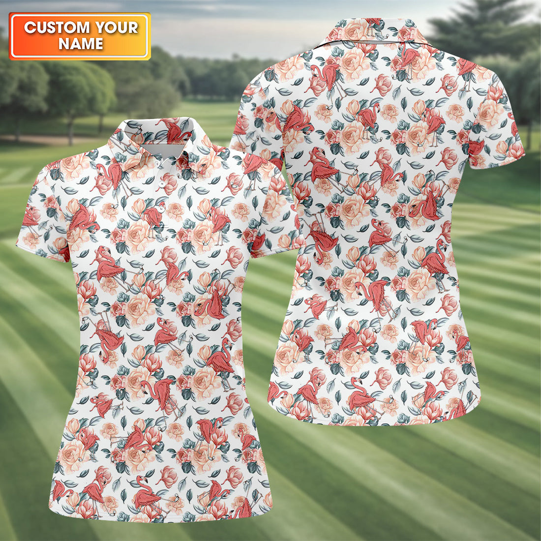 Floral Golf Shirt With Funny Flamingo, Womens Sleeveless Polo, Cute Golf Outfit, Pink Ladies Shirt