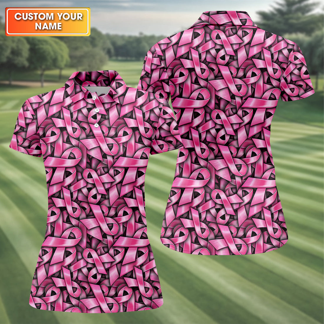 Pink And Black Breast Cancer Golf Shirt, Women's Long Sleeve Golf Shirts, Ladies Golf Tops, Ladies Golf Polos