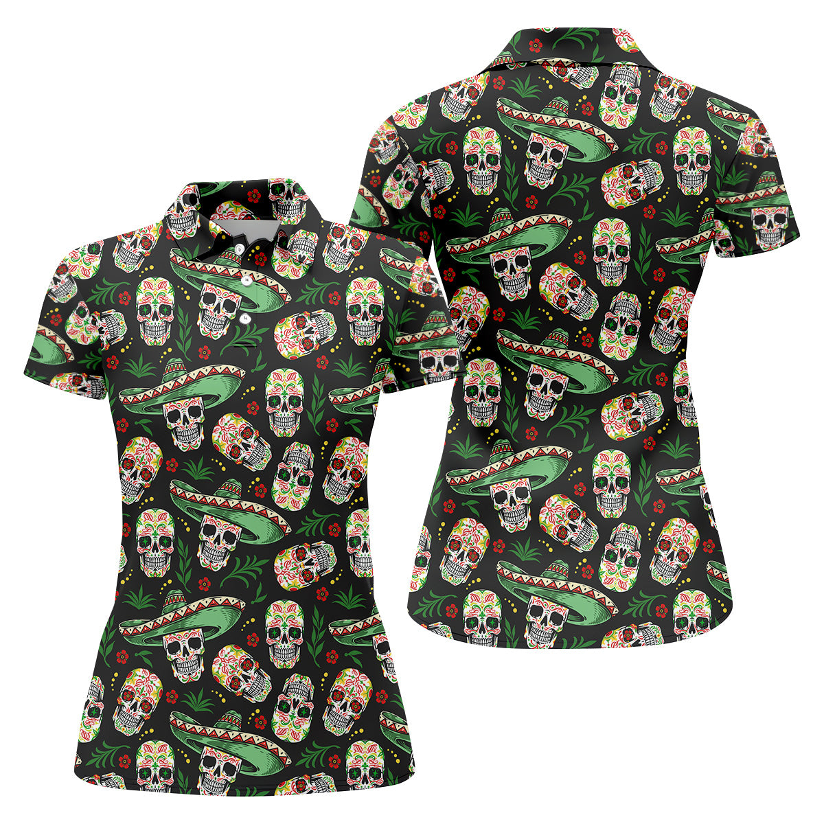 Skull Golf Shirt, Day Of The Dead Shirt, Mexican Floral Shirt, Women Sleeveless Polo, Ladies Golf Shirts