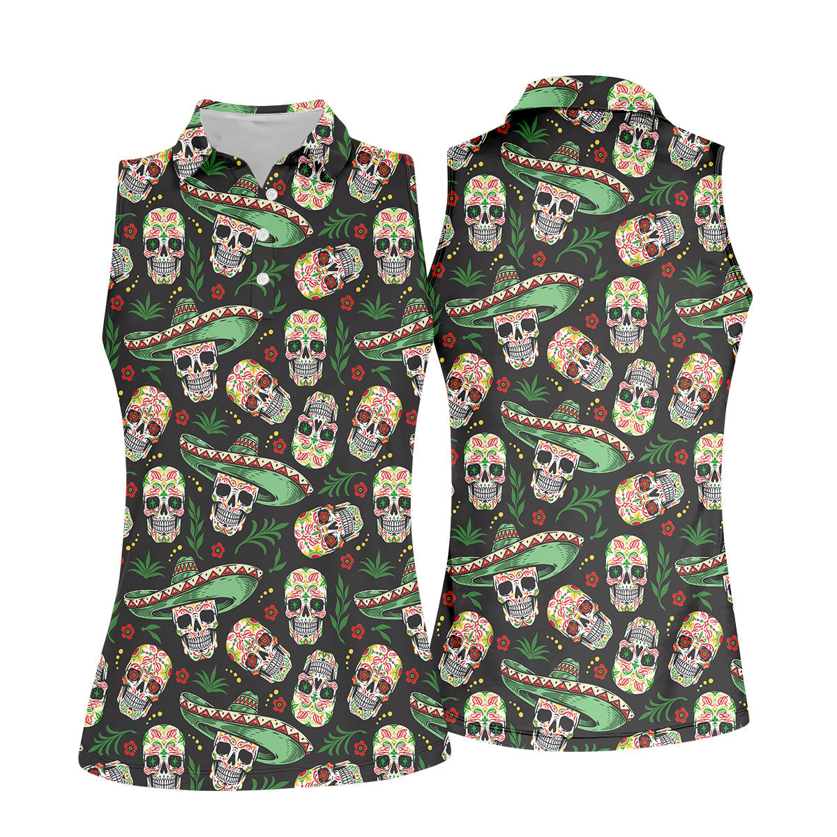 Skull Golf Shirt, Day Of The Dead Shirt, Mexican Floral Shirt, Women Sleeveless Polo, Ladies Golf Shirts