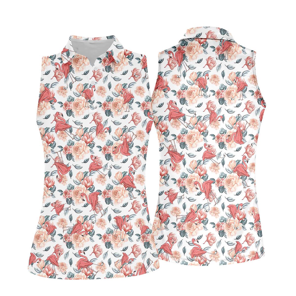 Floral Golf Shirt With Funny Flamingo, Womens Sleeveless Polo, Cute Golf Outfit, Pink Ladies Shirt