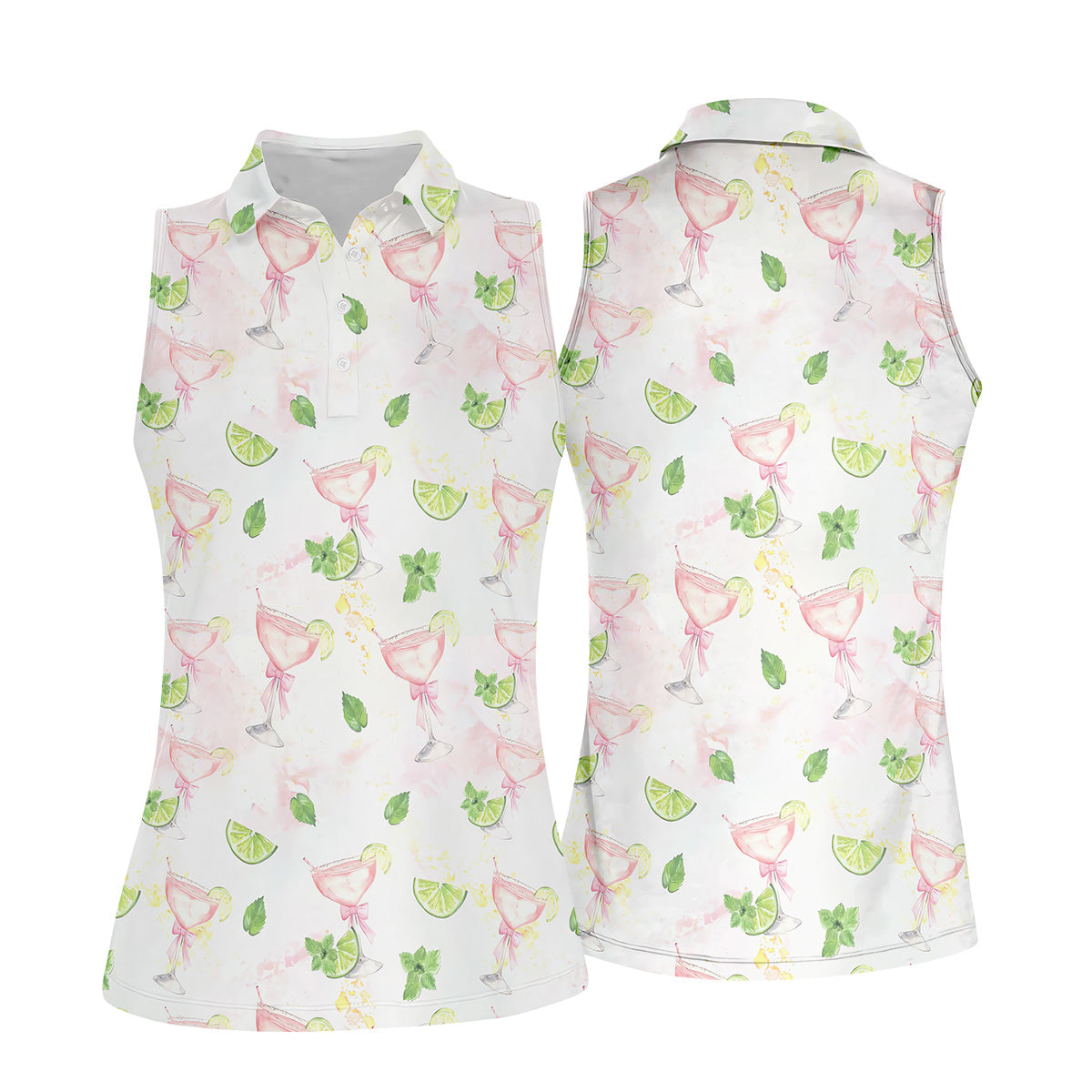 Margarita Ladies Golf Tops, Coquette Aesthetic Cocktail Womens Golf Tops, Pink Drink Patterned Golf Shirts