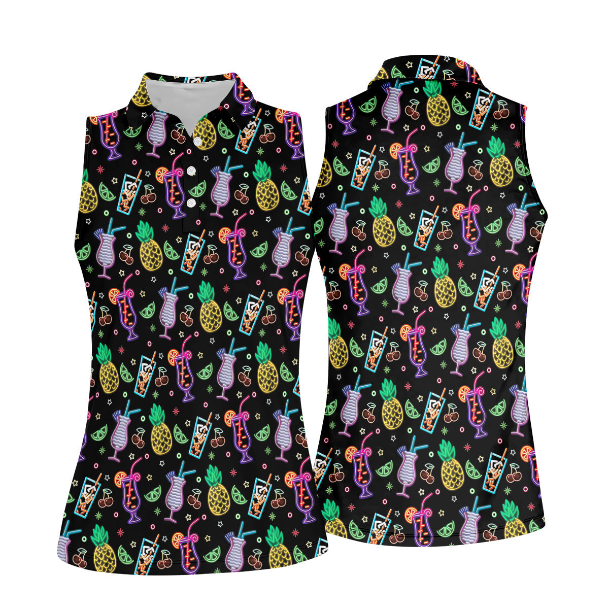 Pineapple Cocktail Tropical Golf Shirts, Hawaiian Golf Polo, Ladies Sleeveless Polo, Ladies Golf Shirts