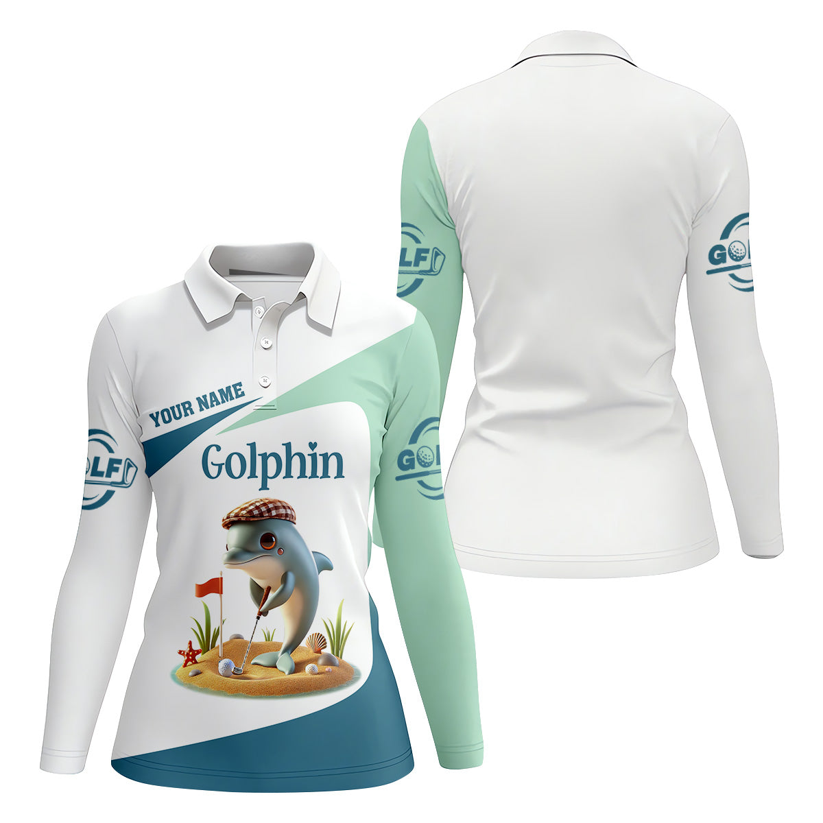 Golfin’ Dolphin Custom Golf Polo Shirt, Ladies Golf Shirts, Womens Golf Gift, Funny Golf Polo Shirt