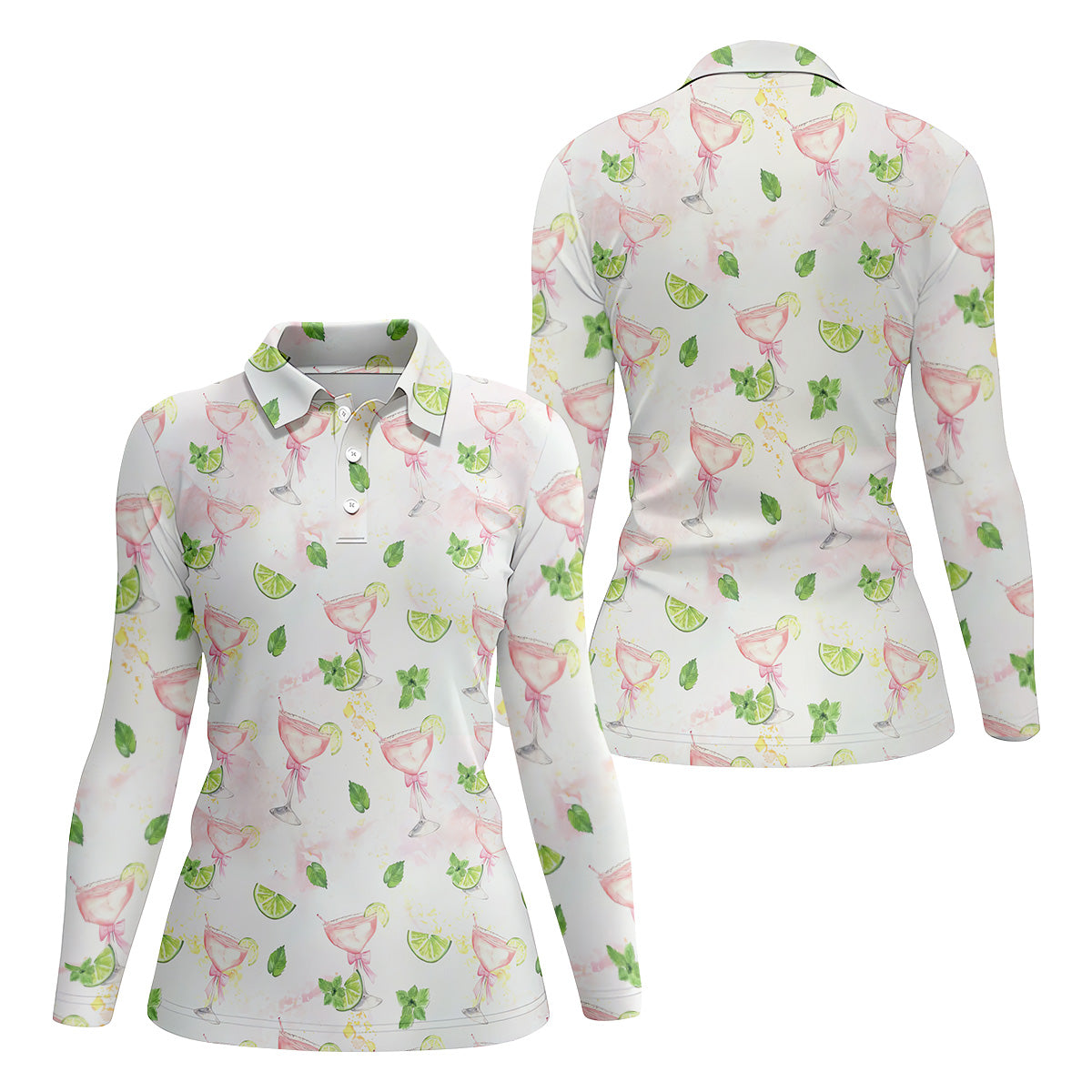 Margarita Ladies Golf Tops, Coquette Aesthetic Cocktail Womens Golf Tops, Pink Drink Patterned Golf Shirts