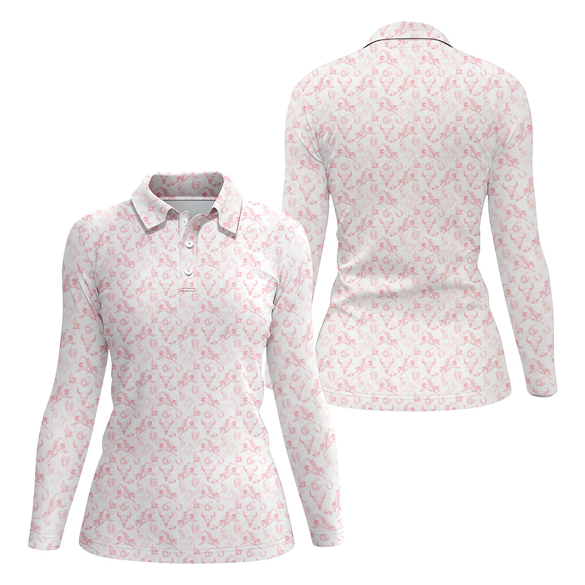 Pink Toile Chinoiserie Bow Western Golf Shirt, Cute Golf Outfit, Ladies Golf Polos, Golfing Apparel