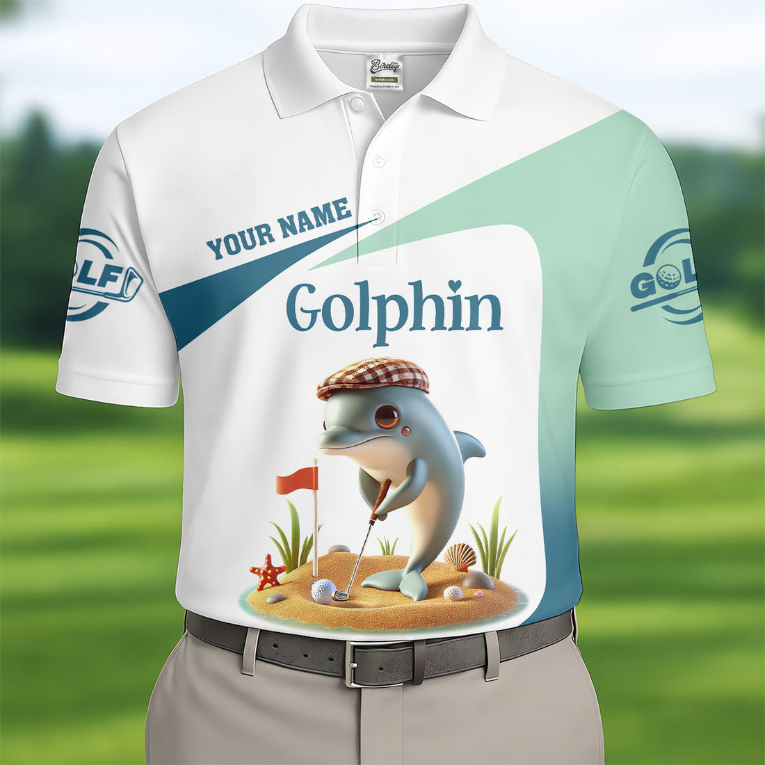 Golfin’ Dolphin Custom Golf Polo Shirt, Golfing Apparel, Mens Golf Gift, Funny Golf Polo Shirt