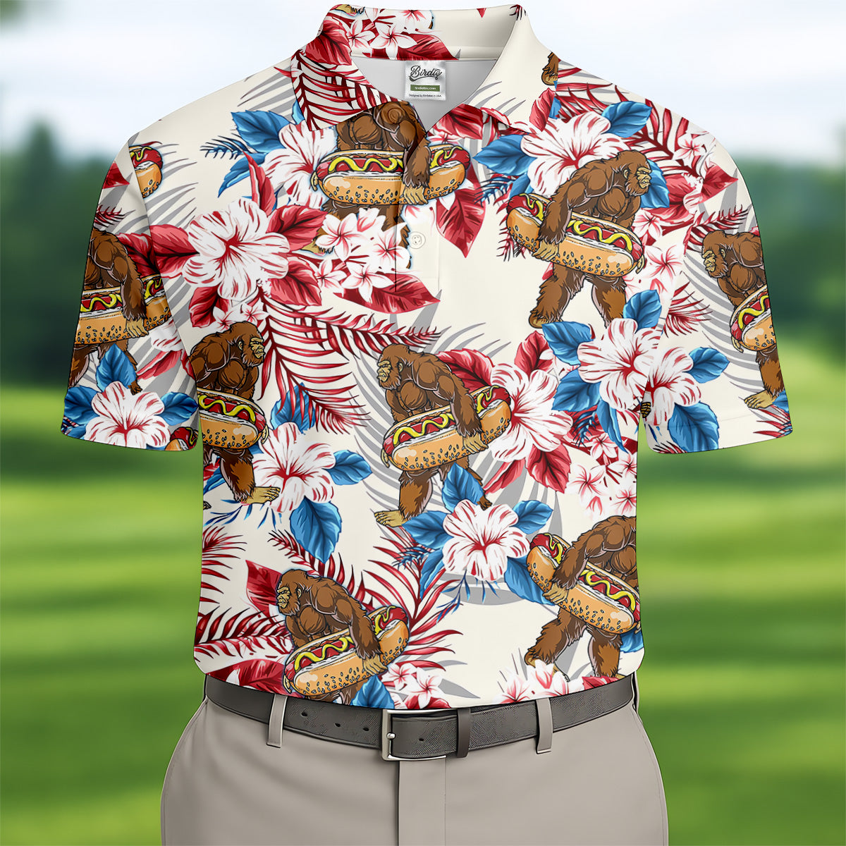 Bigfoot Hawaiian Shirts, Funny Hotdog Men Polo, Fun Golf Shirts For Men, Golfing Apparel