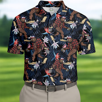 Abstract Floral Pattern Funny Bigfoot Shirt, Mens Golf Polo Shirts, Cool Golf Gifts, Golfing Apparel