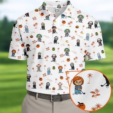 Horror Halloween Character Tropical Golf Shirt, Halloween Polo Shirts, Mens White Polo, Golfing Apparel