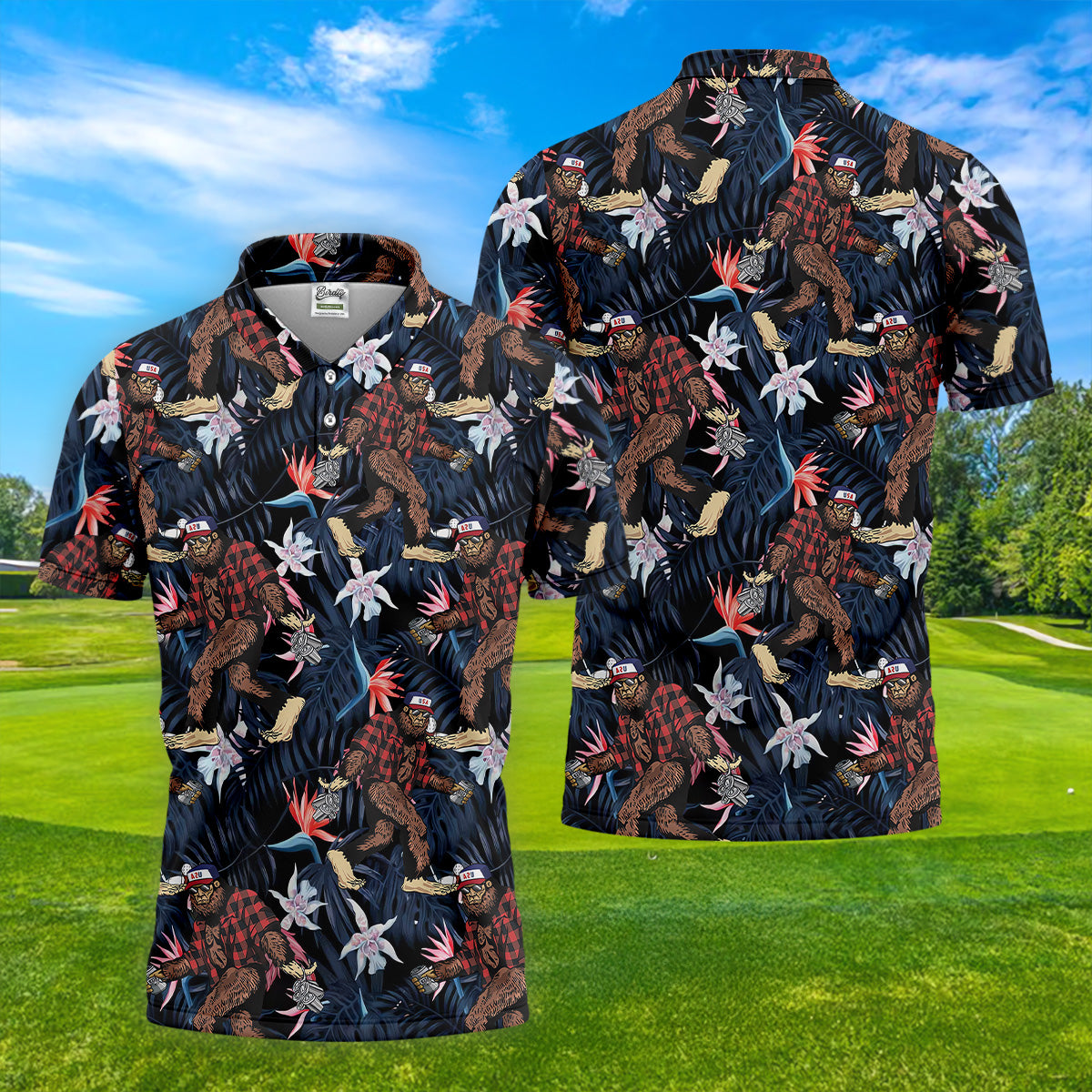 Abstract Floral Pattern Funny Bigfoot Shirt, Mens Golf Polo Shirts, Cool Golf Gifts, Golfing Apparel