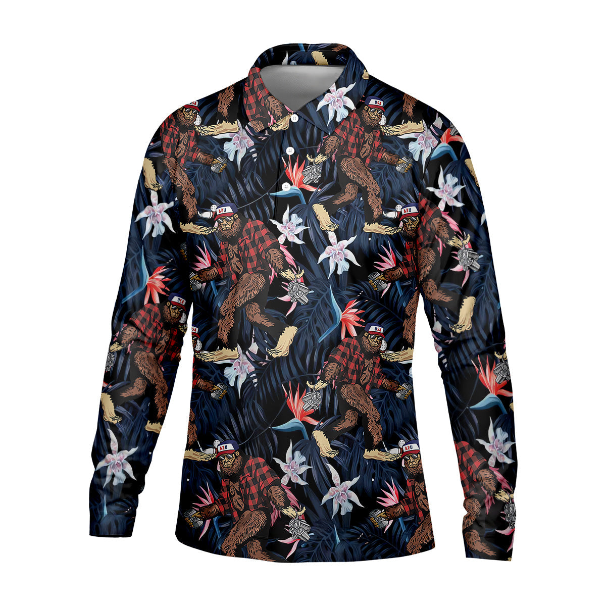 Abstract Floral Pattern Funny Bigfoot Shirt, Mens Golf Polo Shirts, Cool Golf Gifts, Golfing Apparel