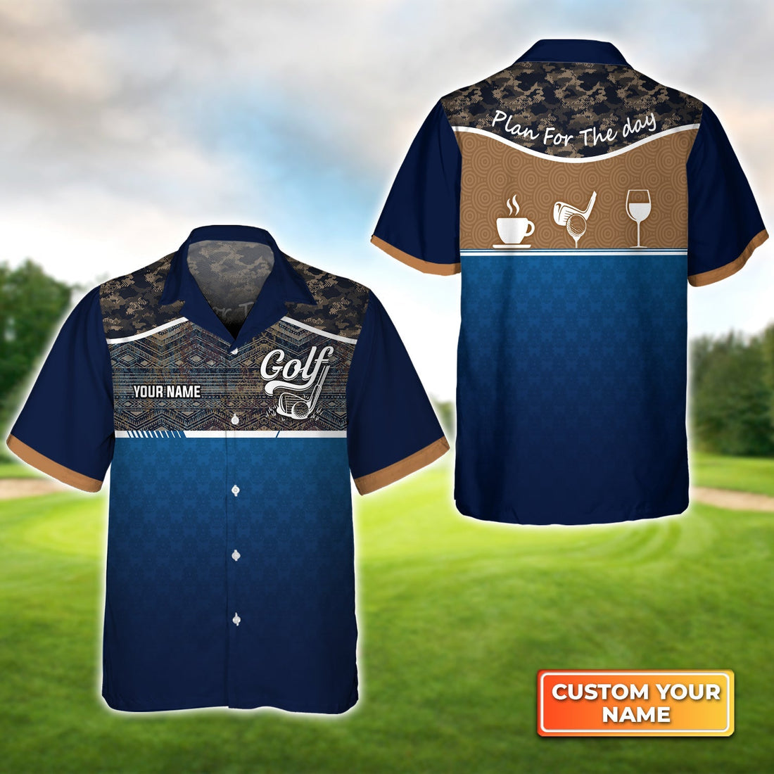 Blue Golf Jersey Plan For The Day Camo Pattern - Personalized Name 3D Hawaiian Shirt Gift For Golfer