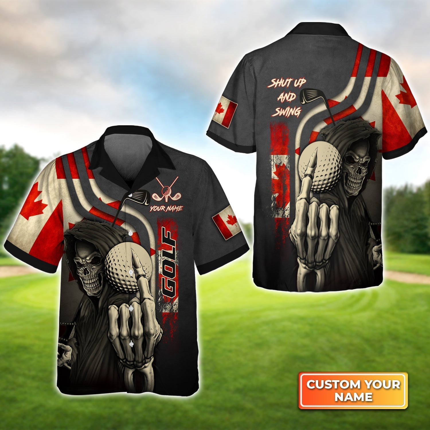 Canada Flag Skull Golf Shut Up And Swing - Personalized Name 3D Hawaiian Shirt Gift For Golfer