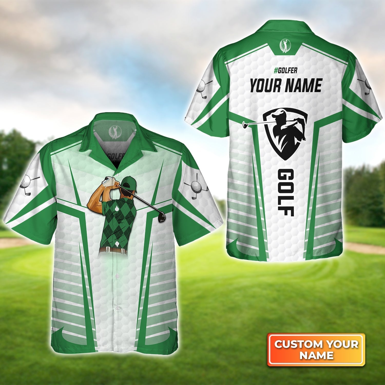 Golf Swing Green Abstract With Golf Club - Personalized Name 3D Hawaiian Shirt