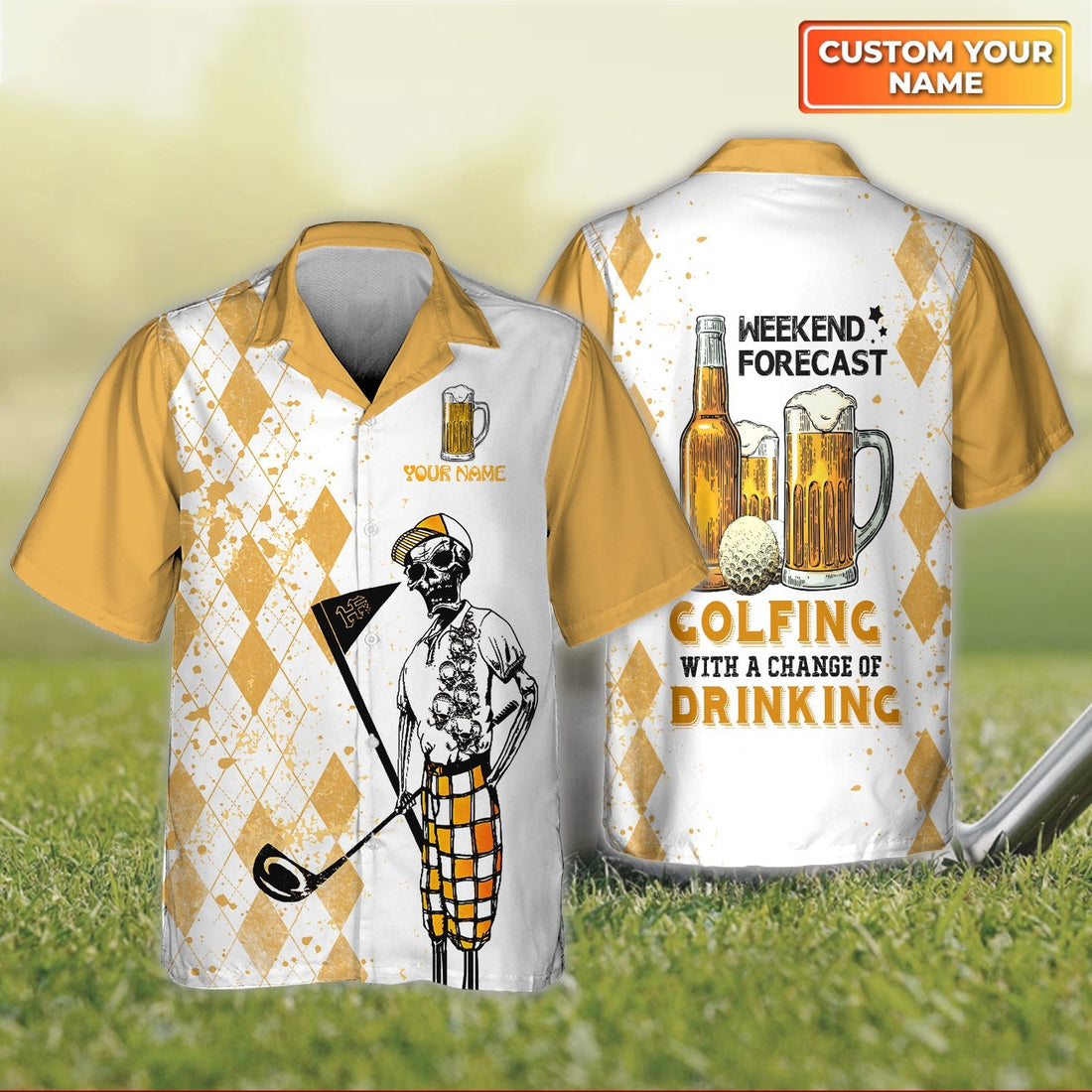 Weekend Forecast Golfing With A Change Of Drinking - Personalized Name 3D Hawaiian Shirt