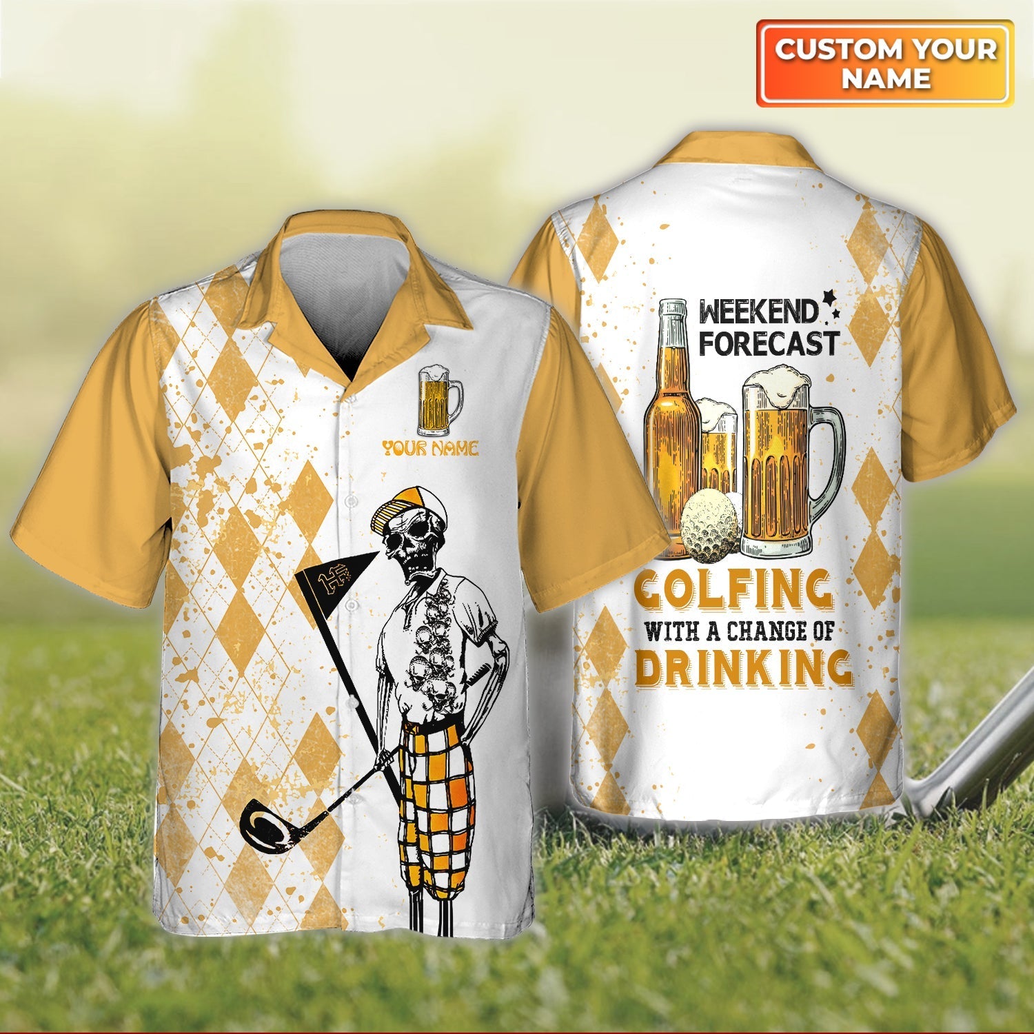 Weekend Forecast Golfing With A Change Of Drinking - Personalized Name 3D Hawaiian Shirt