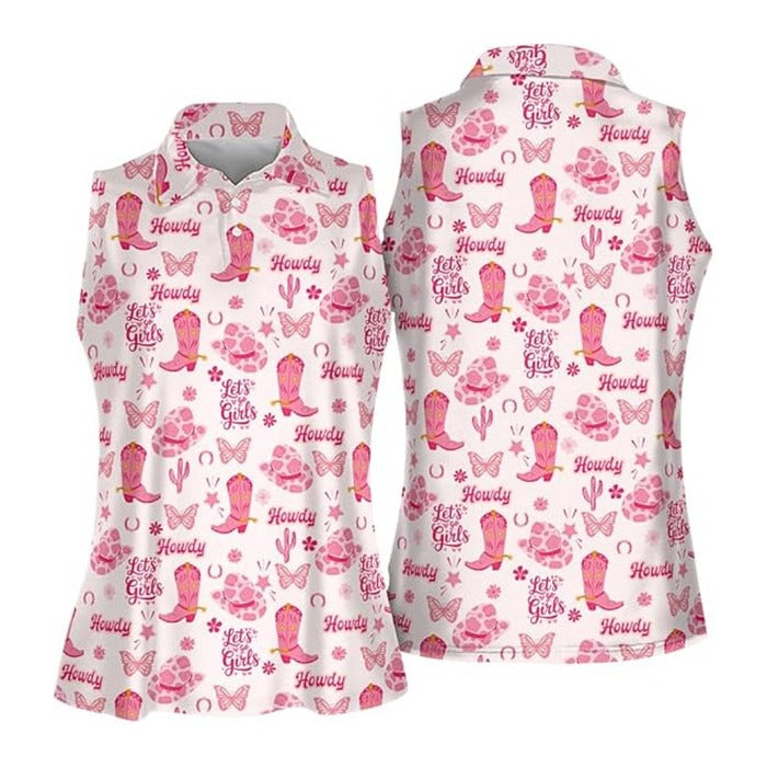 Let's Go Girls Cowgirl Pink Sleeveless Womens Golf Shirts, Western Golf Shirts Women, Women Golf Top