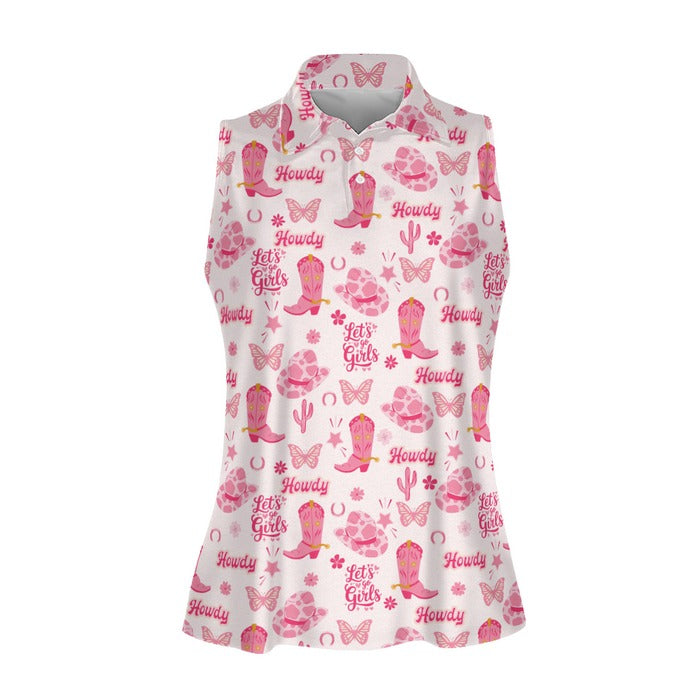 Let's Go Girls Cowgirl Pink Sleeveless Womens Golf Shirts, Western Golf Shirts Women, Women Golf Top