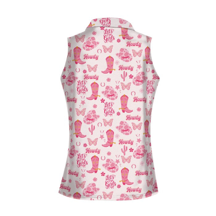 Let's Go Girls Cowgirl Pink Sleeveless Womens Golf Shirts, Western Golf Shirts Women, Women Golf Top