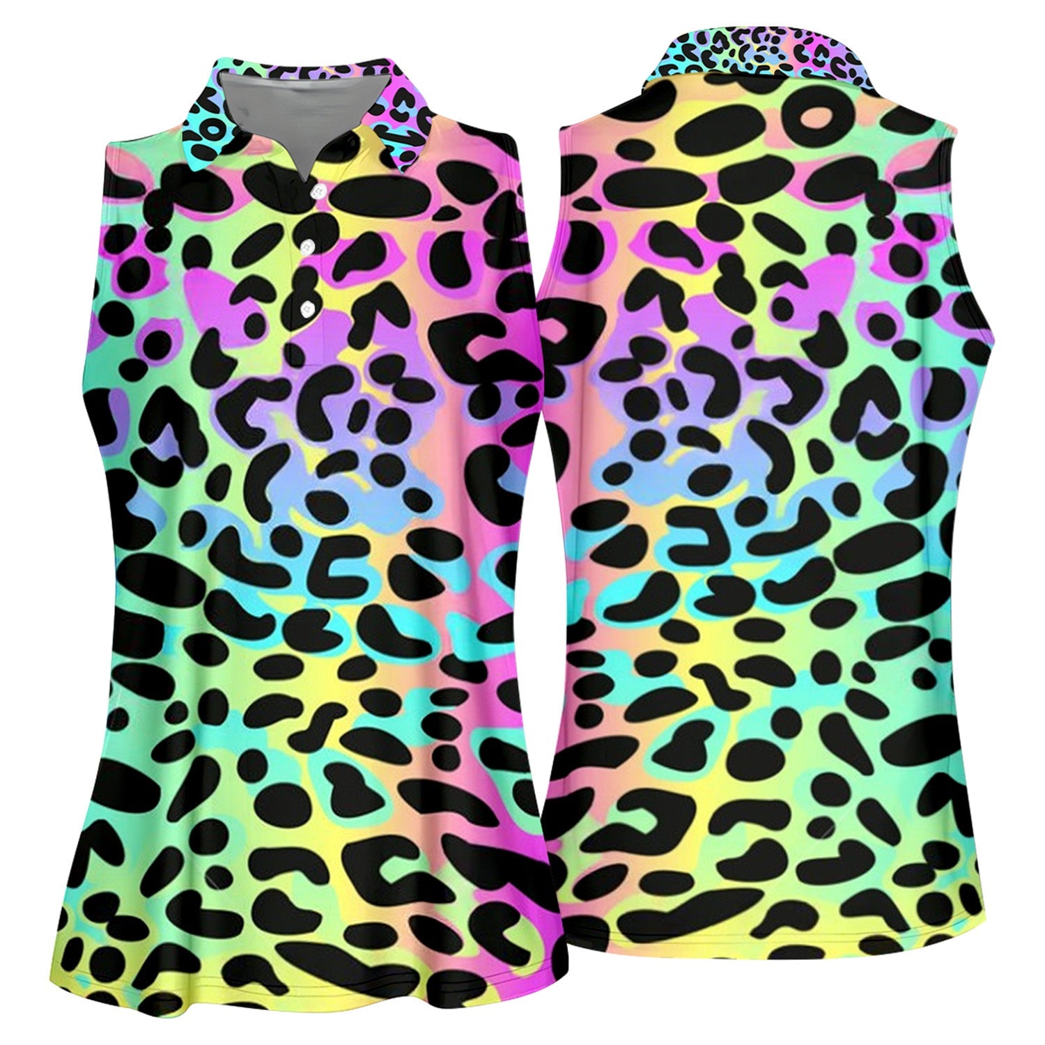 Rainbow Leopard Print Womens Golf Polo Shirt, Golfing Apparel, Womens Golf Gifts