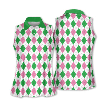 Green Pink Argyle Sleeveless Womens Golf Shirts, Ladies Pink Golf Shirt, Womens Golf Polo Shirts, Womens Golf Tops