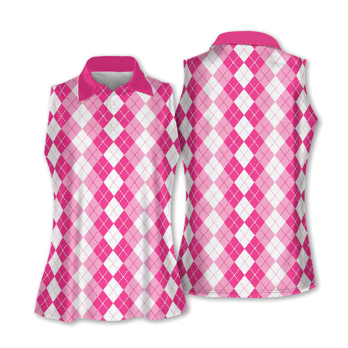Argyle Pink Sleeveless Womens Golf Shirts, Ladies Pink Golf Shirt, Womens Golf Polo Shirts, Womens Golf Tops