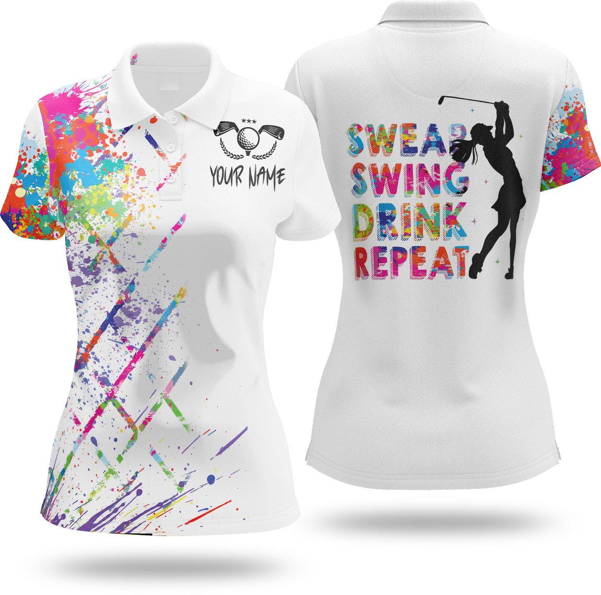 Swing Swear Drink Repeat Custom Womens Golf Polo Shirt, Golfing Apparel, Womens Golf Gifts