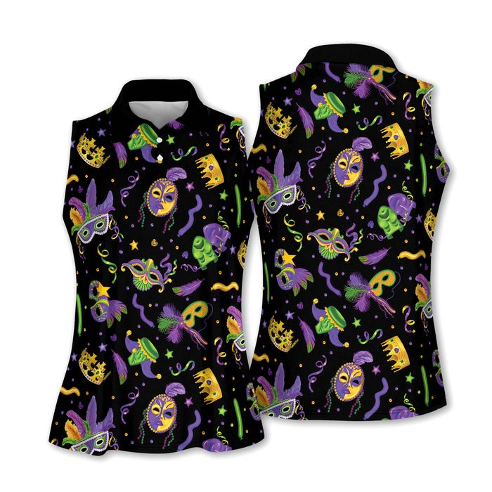 Mardi Gras Golf Sleeveless Polo Shirts Womens, Mardi Gras Black Golf Shirt, Custom Ladies Golf Shirt
