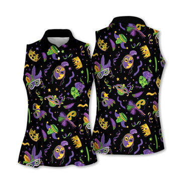 Mardi Gras Golf Sleeveless Polo Shirts Womens, Mardi Gras Black Golf Shirt, Custom Ladies Golf Shirt