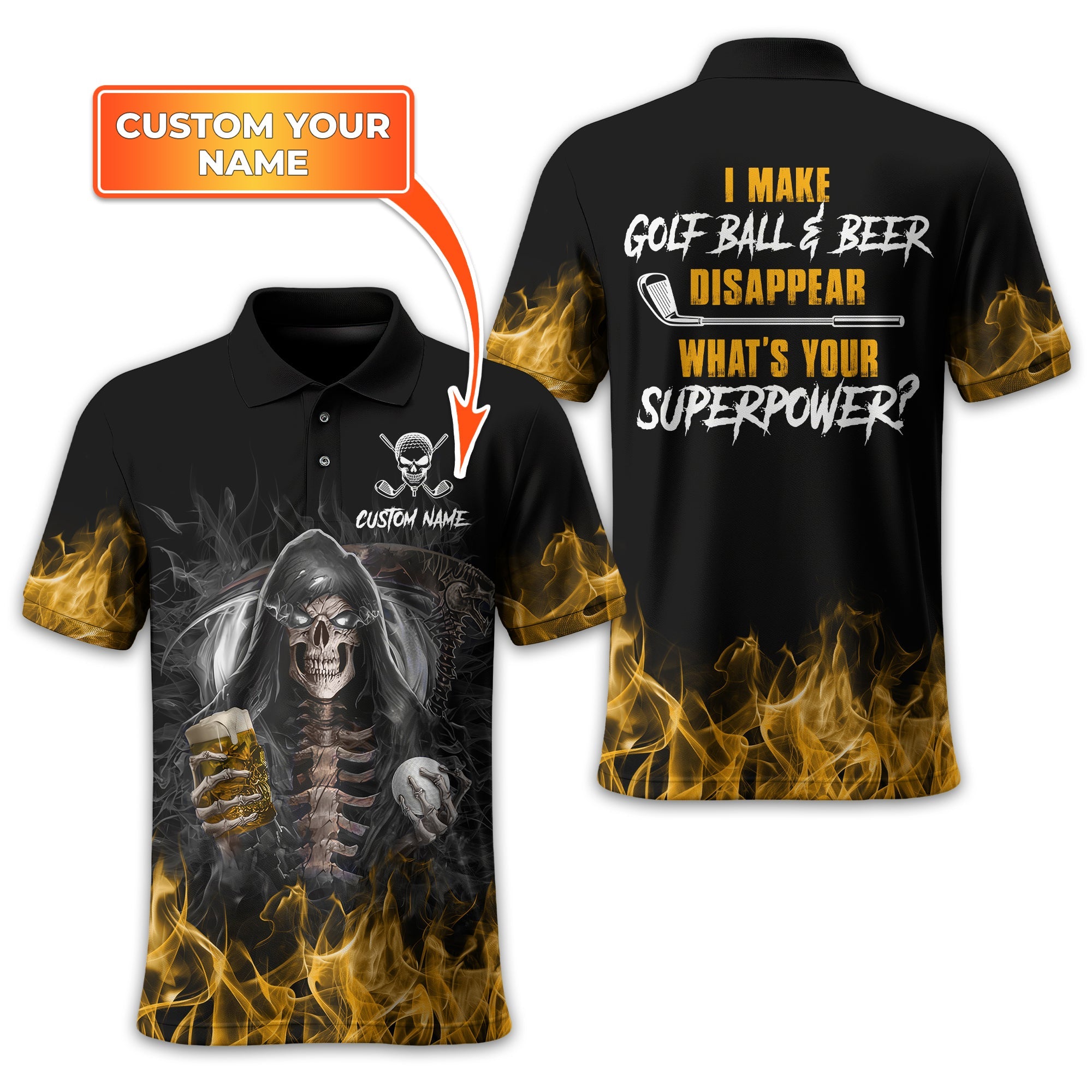 I Make Golf Ball And Beer Disappear Custom Golf Polo Shirt, Skull Golf Shirt, Gift For Golfers