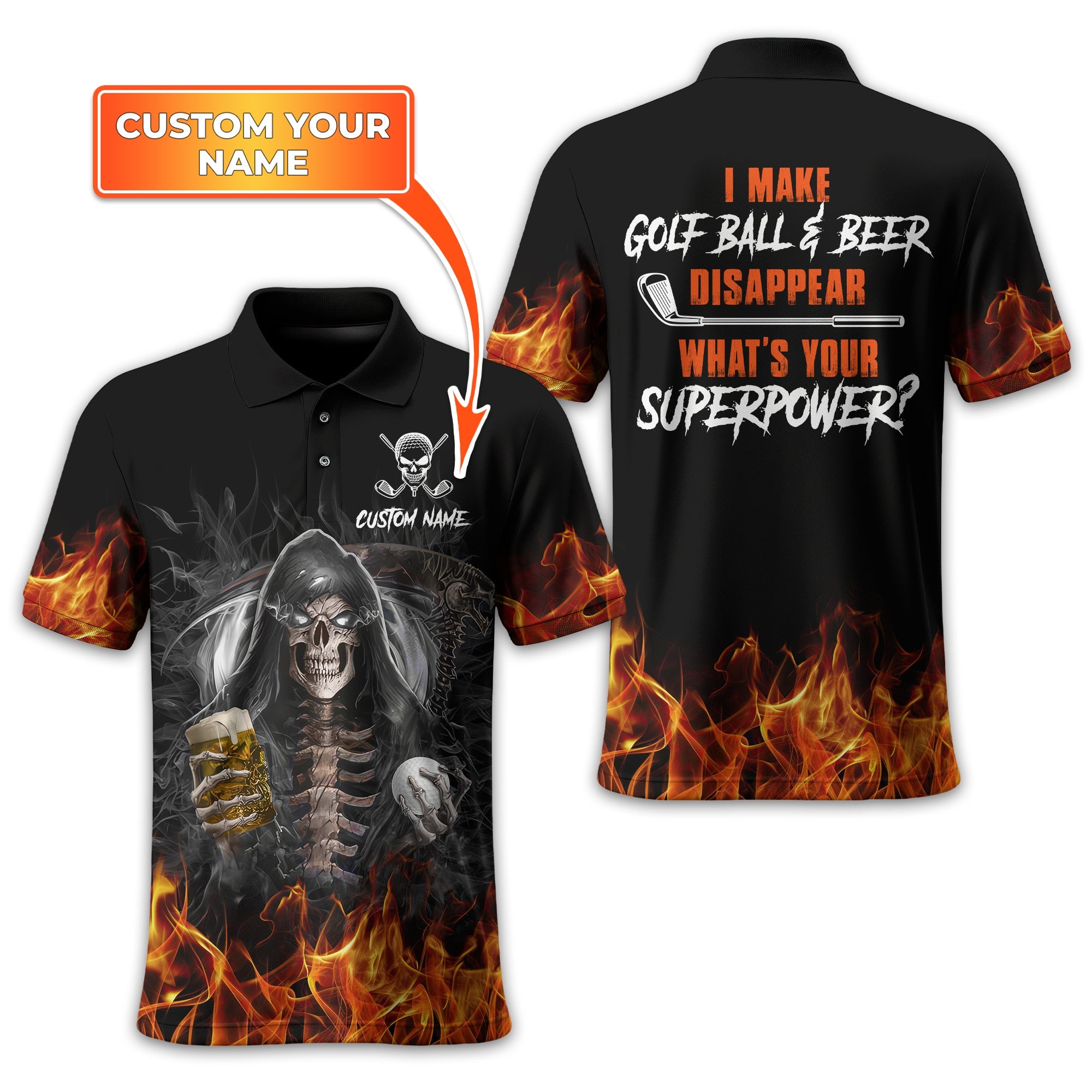 I Make Golf Ball And Beer Disappear Custom Golf Polo Shirt, Skull Golf Shirt, Gift For Golfers