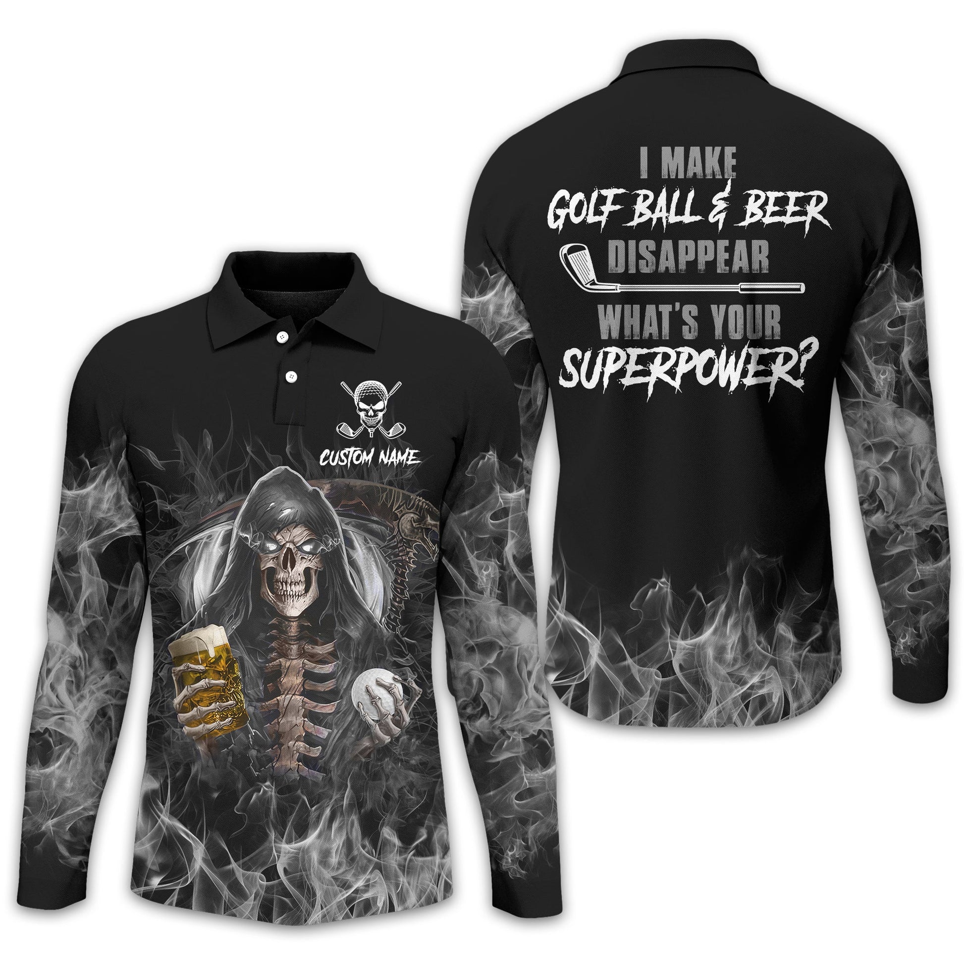 I Make Golf Ball And Beer Disappear Custom Golf Polo Shirt, Skull Golf Shirt, Gift For Golfers