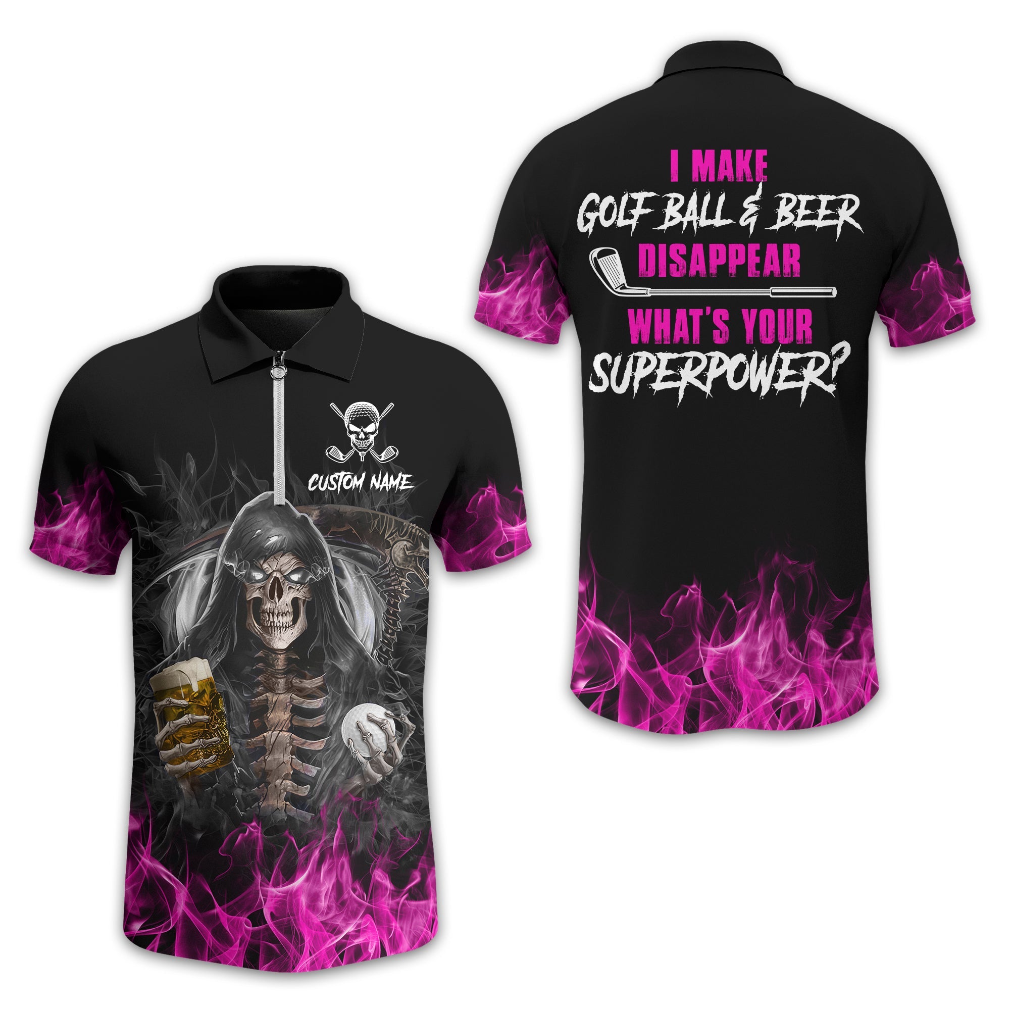 I Make Golf Ball And Beer Disappear Custom Golf Polo Shirt, Skull Golf Shirt, Gift For Golfers