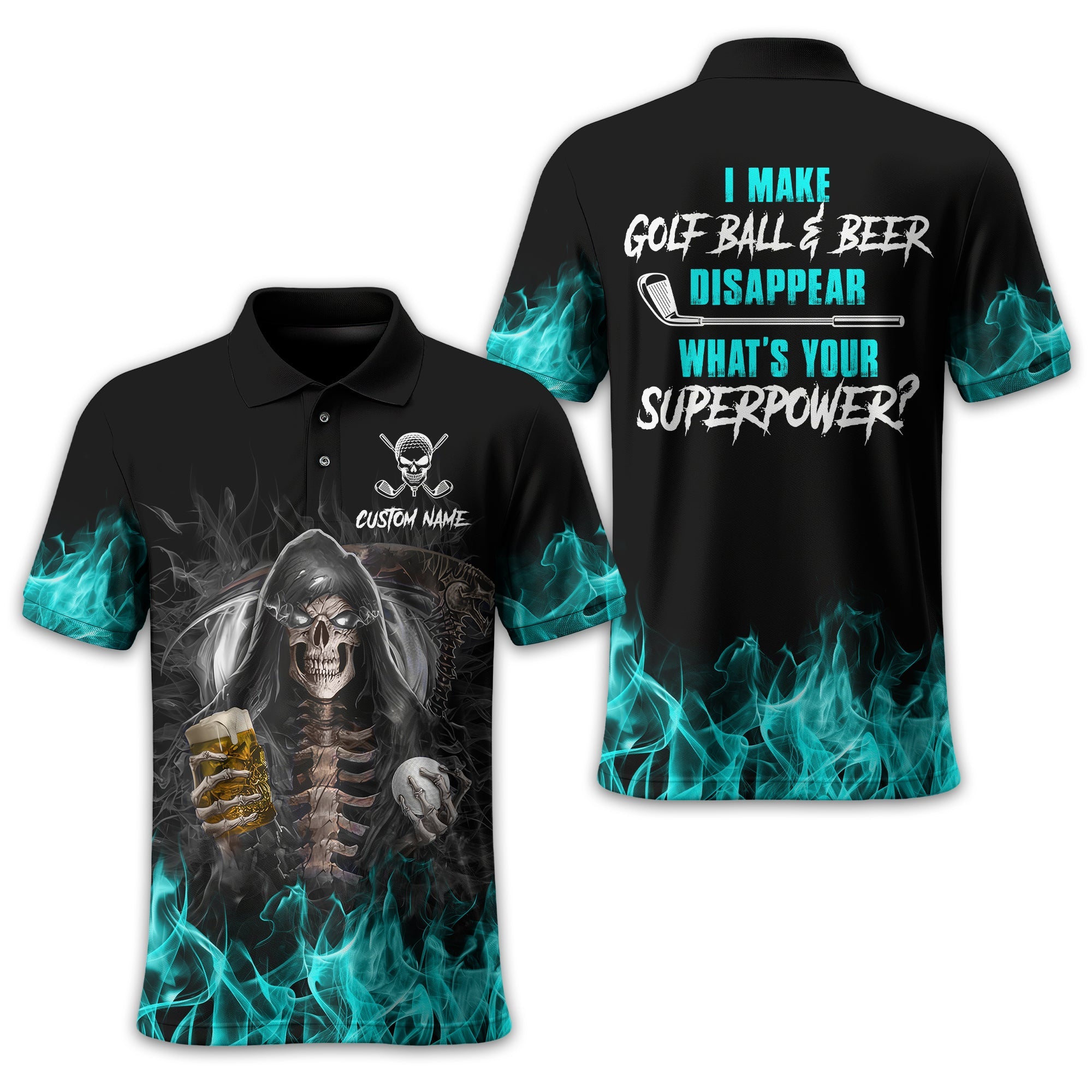 I Make Golf Ball And Beer Disappear Custom Golf Polo Shirt, Skull Golf Shirt, Gift For Golfers