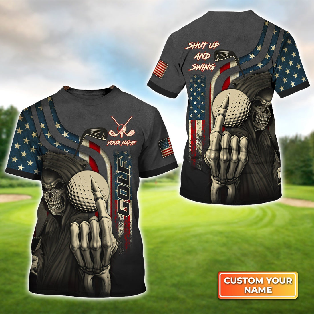 America Flag Skull Golf Shut Up And Swing - Personalized Name 3D Tshirt Gift For Golfer