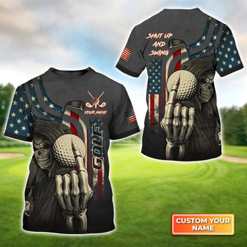 America Flag Skull Golf Shut Up And Swing - Personalized Name 3D Tshirt Gift For Golfer