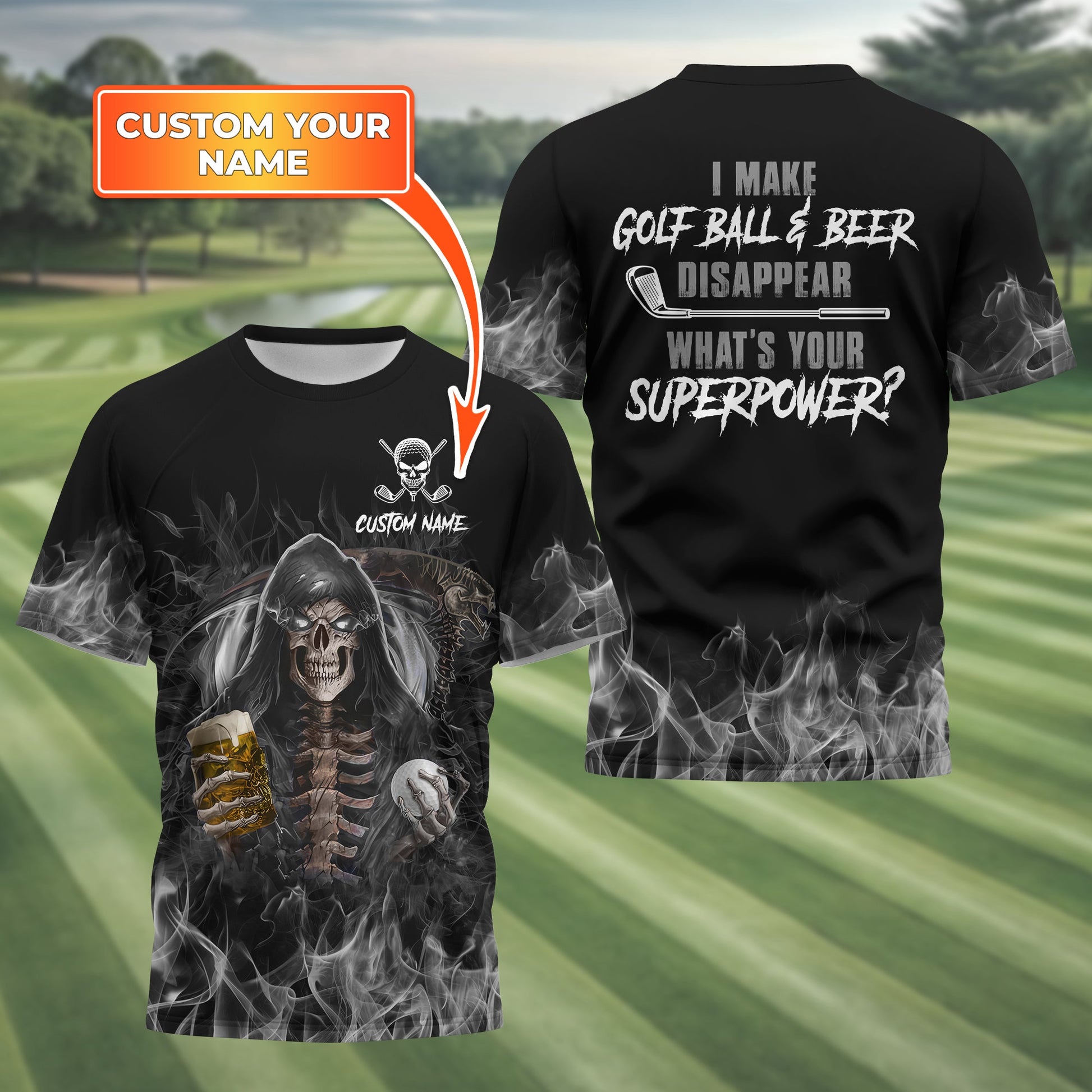 I Make Golf Ball And Beer Disappear Custom Golf Polo Shirt, Skull Golf Shirt, Gift For Golfers