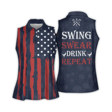 Swing Swear Drink Repeat Womens Sleeveless Golf Shirt, Ladies Patriotic Golf Shirts, Ladies Golf Polos