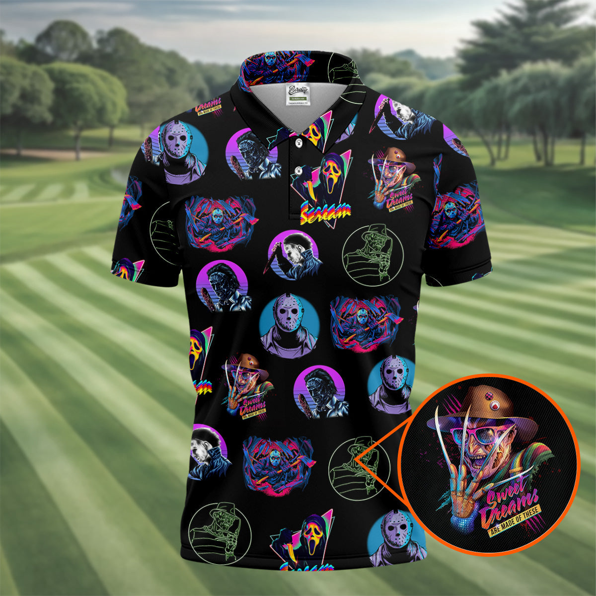 Funny Horror Character Men's Golf Shirt, Horror Character Neon Shirt, Halloween Golf Shirt, Men's Halloween Shirts