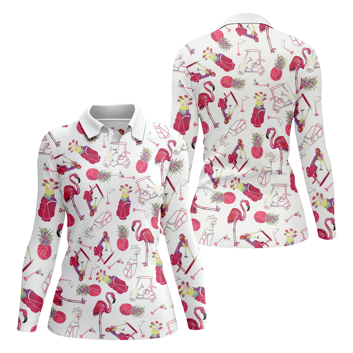 Flamingo Golf Pineapple Funny Womens Golf Polo Shirt, Custom Ladies Golf Shirt