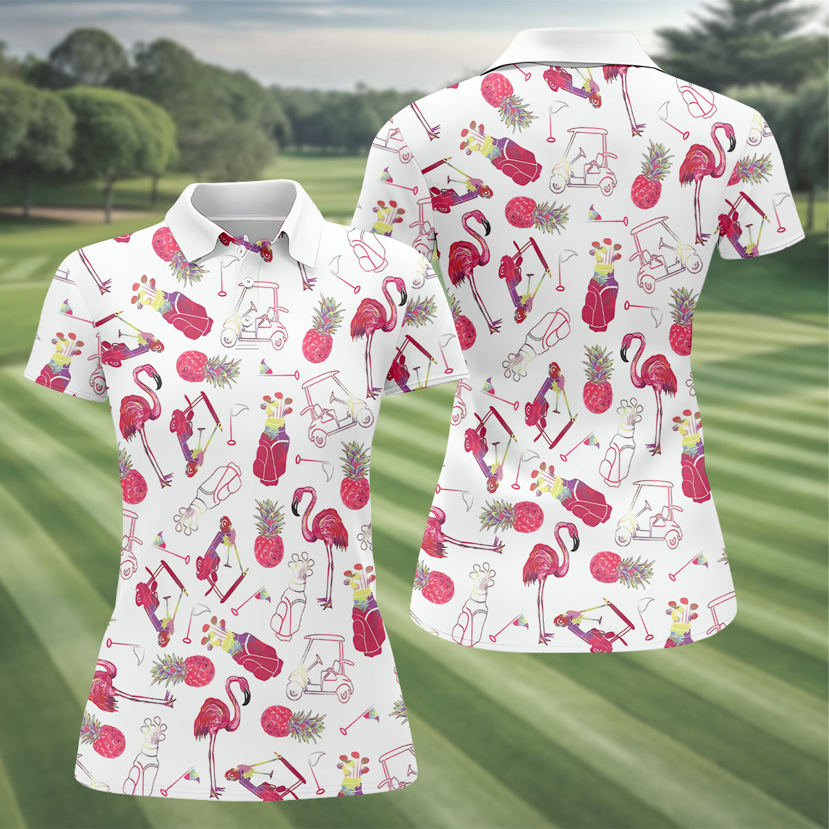 Flamingo Golf Pineapple Funny Womens Golf Polo Shirt, Custom Ladies Golf Shirt