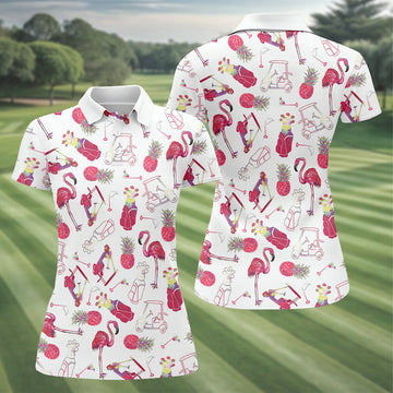 Flamingo Golf Pineapple Funny Womens Golf Polo Shirt, Custom Ladies Golf Shirt