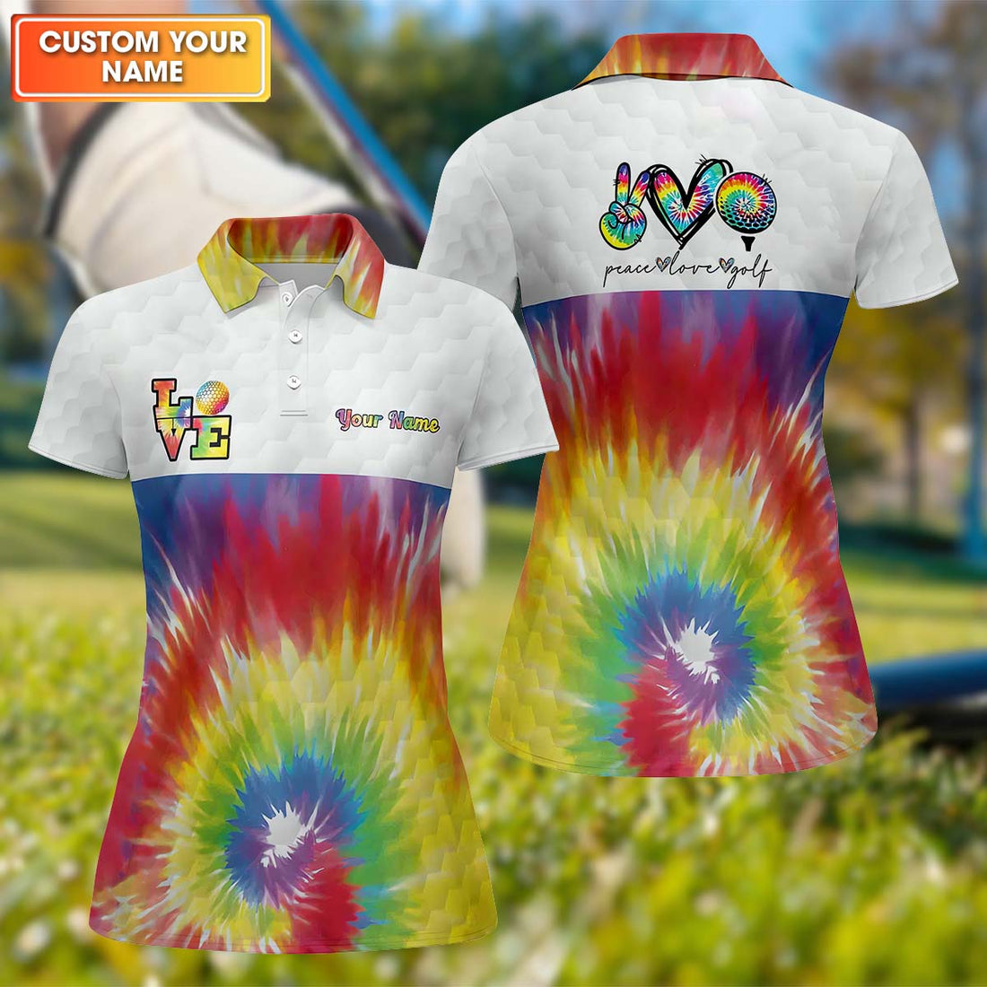 Peace Love Golf Tie Dye Custom Ladies Golf Shirt, Golfing Apparel, Womens Golf Gifts